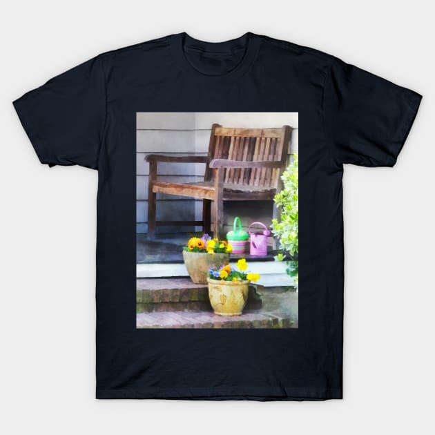 Suburbs - Pansies and Watering Cans on Steps T-Shirt by SusanSavad